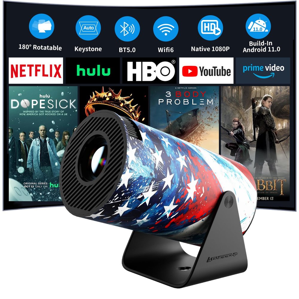 Mini Portable Projector with WiFi 6 and Bluetooth 5.0 Smart Projector 1080P Support Movie Projector 4K Decode Built-in Android 11.0 for Home Theater Compatible for Smartphone/Laptop (HY300-PRO-FLAG)