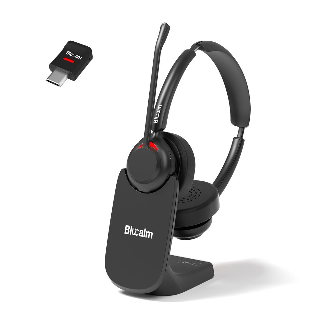 Blucalm Business V5.4 Wireless Headset with Charging Base, Computer Headset with Mic & 2.4 G USB Dongle for PC/Phone Work, Wireless Headphones with Noise-Cancelling Mic for Office, WFH, Teams, Zoom