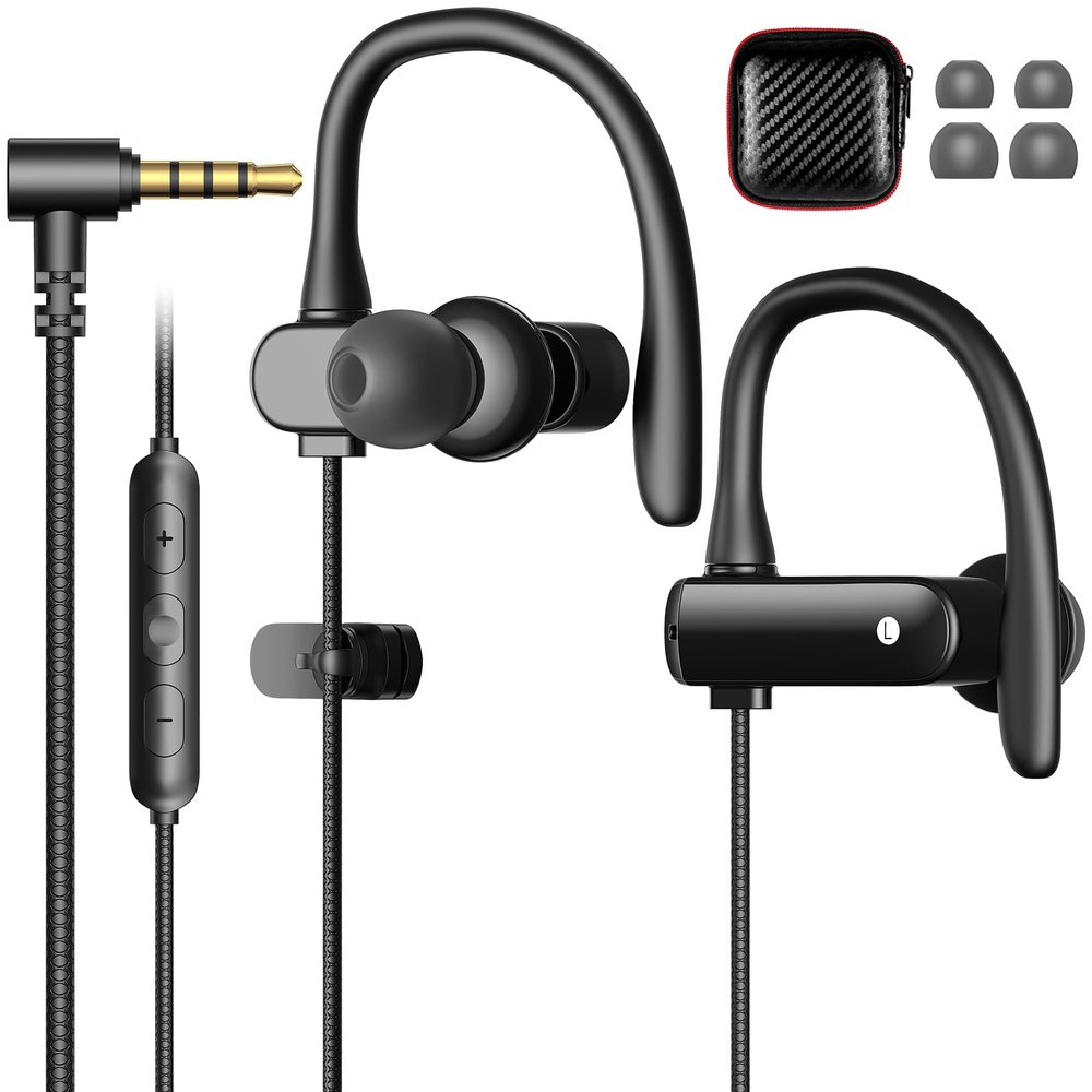 3.5mm Wired Sports Earbuds with Over EarHook Secure Fit for Running Exercising Gym, 6FT Length Stereo Laptop Earphone Headset for Office PC Desktop Zoom Meeting Enhanced Bass Noise Isolation Headphone