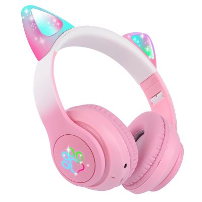FLOKYU Kids Wireless Headphones LED Light up Cat Bluetooth Headphones, Color Changing Cat Ear Wireless Headsets with Microphone for Kids/Girls/School/Christmas (Pink Pro)