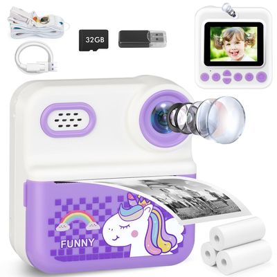 Kids Camera Instant Print with 32GB Card, 1080p Video, 2.4in Screen, Front Rear Dual Selfie, Perfect Christmas Birthday Gifts Portable Travel Toys Camera