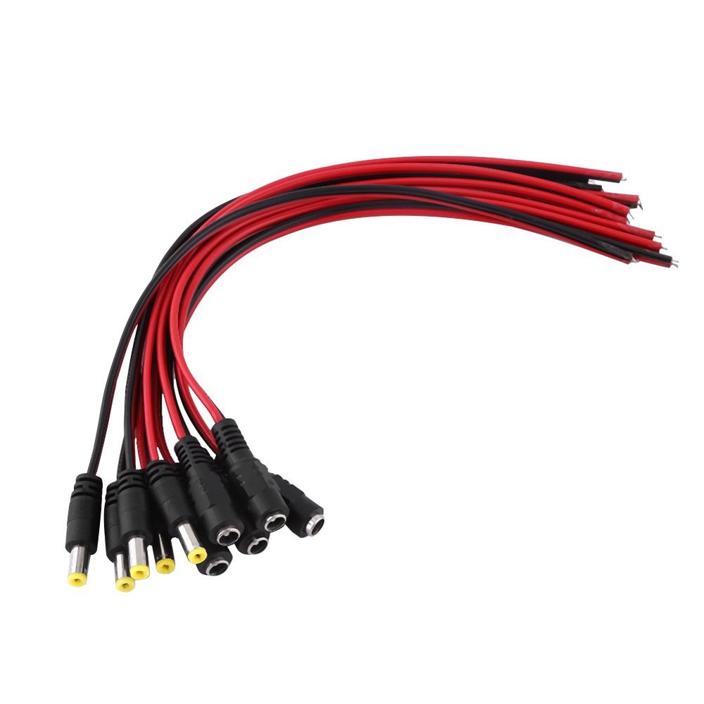 10pcs 12V CCTV Security Camera DC Male and Female Power Plug Cable Male Female DC Pigtail Connectors for CCTV -Security Camera, Black and Red