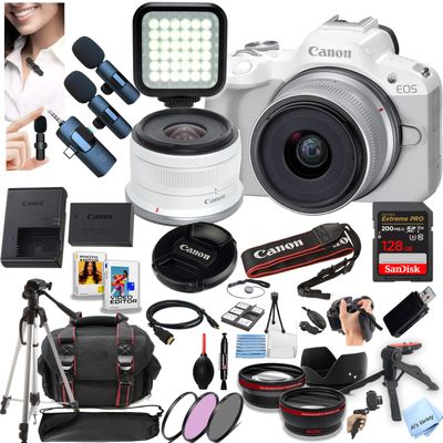 Canon EOS R50 Mirrorless Camera with 18-45mm Lens + 128GB Memory, Wireless Lavalier Microphones, Lenses, Filters, Case, Tripod, Flash, Software, and More (Content Creator Bundle) (White) (Renewed)
