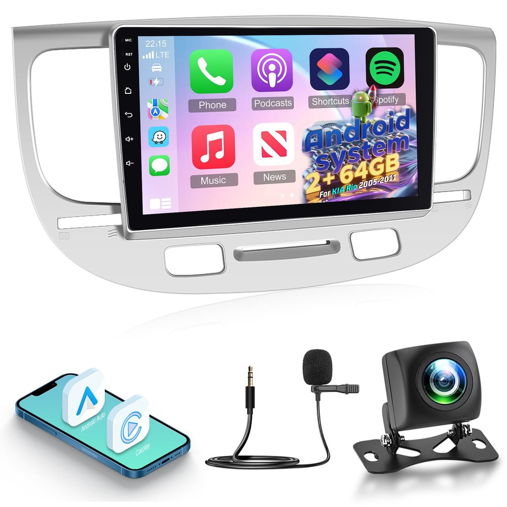 [2+64G] NHOPEEW Android Car Radio for KIA Rio 2005-2011 with Wireless Carplay and Android Auto - 9 Inch Touch Screen Car Stereo - DSP/GPS Navigation/WiFi/SWC/Bluetooth + AHD Backup Camera
