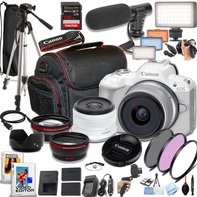 Canon EOS R50 24.2MP APS-C CMOS Sensor Mirrorless Camera with 18-45mm Lens, 128GB Memory, Video Light, Microphone, Grip, Filters, Lenses, Case, Software and More (Premium Bundle) (White) (Renewed)