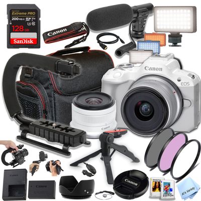 Canon EOS R50 24.2MP APS-C CMOS Sensor Mirrorless Camera with 18-45mm Lens, 128GB Memory, Video Light, Microphone, Filters, U-Grip, Case, Software and More (Vlogger Bundle) (White) (Renewed)