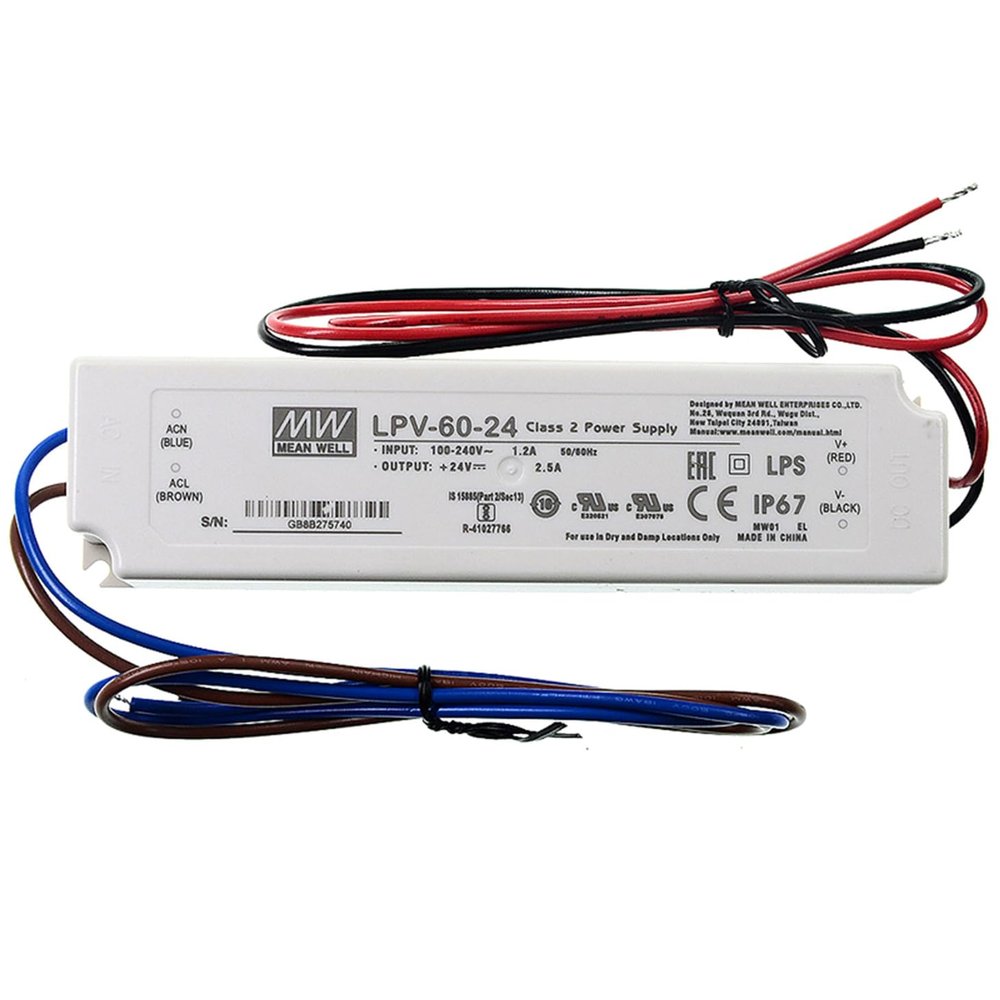 LPV-60-24 24V 2.5A 60W IP67 Waterproof Switching Power Supply, Class II LED Driver for Outdoor Lighting, Industrial Control & Harsh Environments