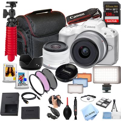 Canon EOS R50 24.2MP APS-C CMOS Sensor Mirrorless Camera with 18-45mm Lens, 128GB Extreme Speed Memory, Video Light, Filters, Case, Software and More (Essential Bundle) (White) (Renewed)