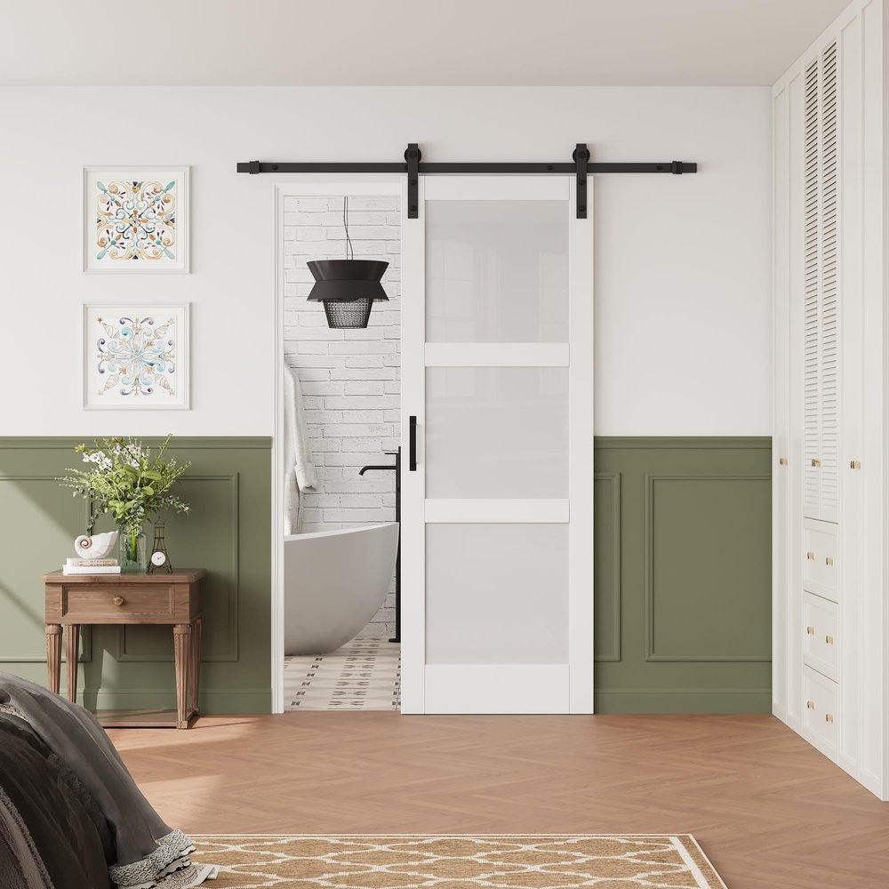 3-Lite Frosted Glass and Wood Sliding Barn Door with Installation Hardware Kit,48"84"