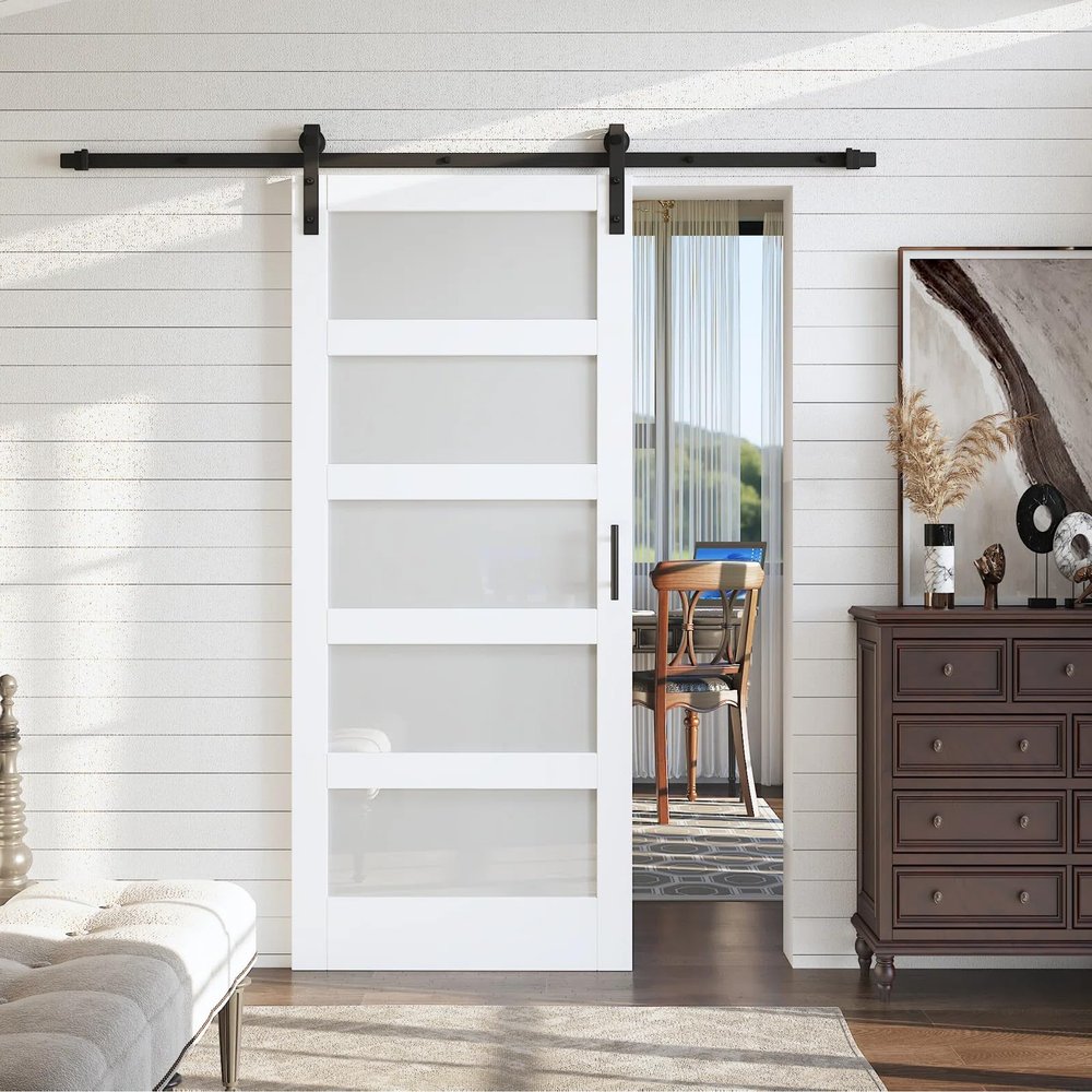 84" H x 48" W 5 Lites White Wood Glass Sliding Barn Doors with Installation Hardware Kit Primed Surface
