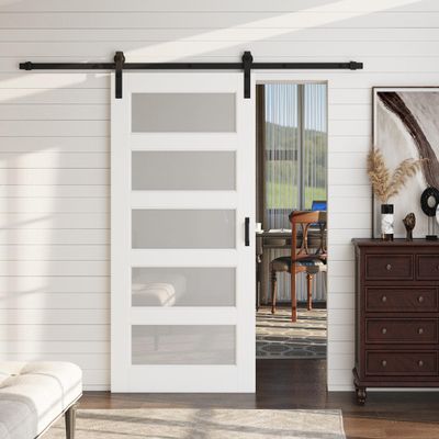 80" H x 36" W 5 Lites White Wood Glass Sliding Barn Doors with Installation Hardware Kit Primed Surface