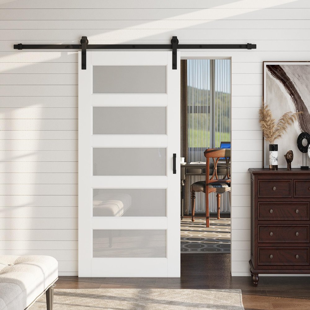 80" H x 36" W 5 Lites White Wood Glass Sliding Barn Doors with Installation Hardware Kit Primed Surface