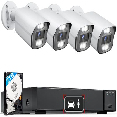 8MP 4K UHD Poe Wired Security Camera for LongPlus Security Cameras System, Outdoor House Security Camera w/LED Spot Lights Color Night Vision, Red-Blue Alarm Lights & Sound, 24/7 Recording