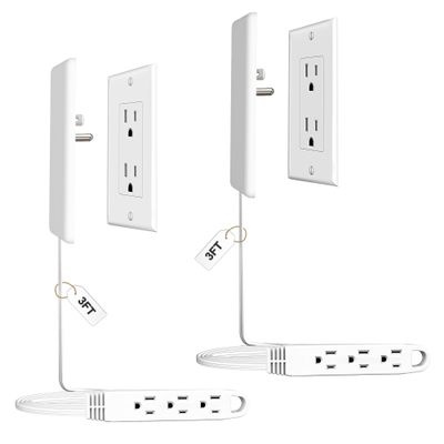 CABOCASA 2 Pack 3FT Flat Plug Extension Cord Power Strip with 3 Outlets, Patented Detachable Ultra-Thin Outlet Cover Concealer & Ultra-Flat Plug, Max. 13A 125V 1625W ETL Listed, White Color