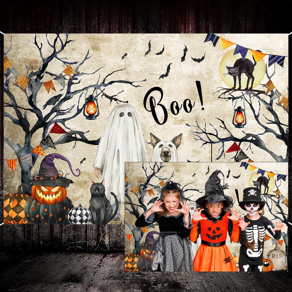10X10ft Halloween Photo Backdrop Photography Background, Happy Birthday Horror Scream Boo Ghost Dog Pumpkins Backdrops Photo Booth Prop Decorations Banner Balloons Wall Decor Tablecloth
