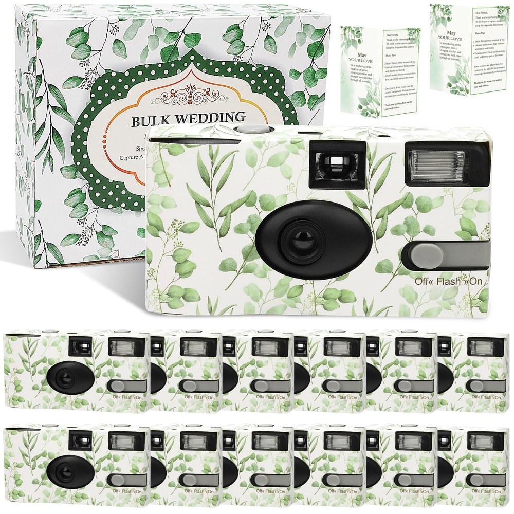 12 Pack Disposable Cameras for Wedding Bulk, Watercolor Eucalyptus Single-Use One Time Film Cameras with Flash for Birthday Baby Shower Gathering Wedding 35mm lSO 400 Color Film 17 Exposures
