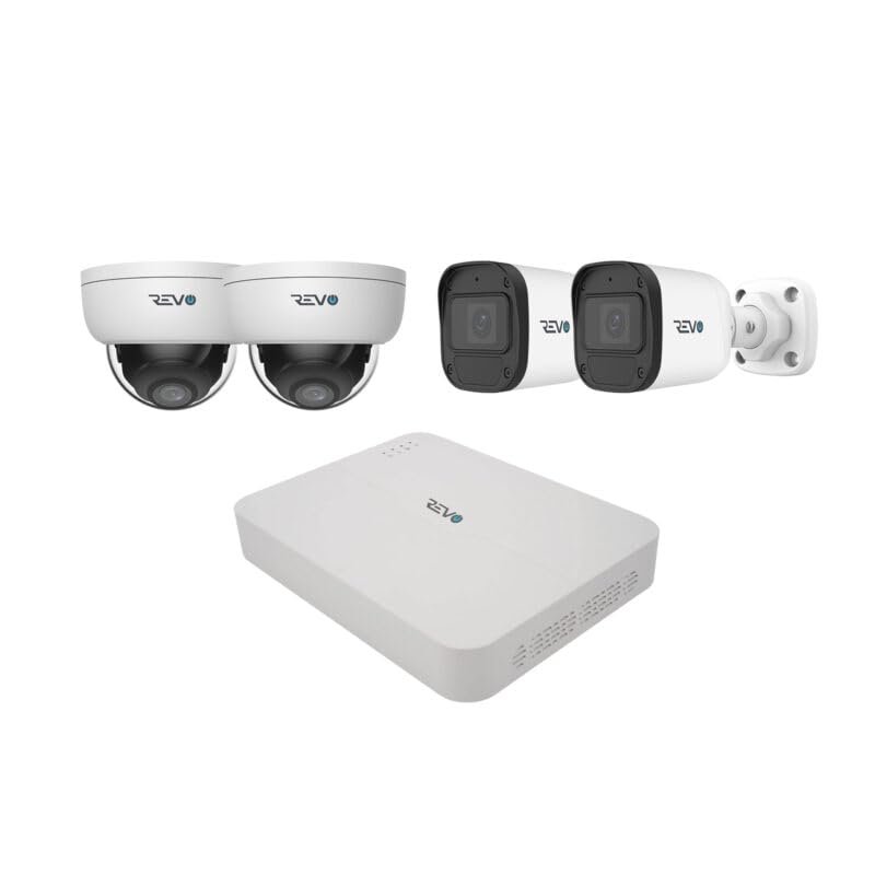 Revo Ultra Blue Series 4CH 4K POE H.265 NVR, 1TB & 4X 2K (4MP) Indoor/Outdoor IR Cameras with Built-in Mic Remote Access Via Pc, Mac & Phone (No Monthly Fee)