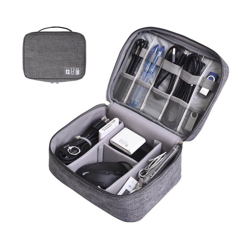 TEHAUX Data Cable Storage Bag Separate Zones Electronics Organizer Pouch for Powerbank Headphones Usb Travel Grey