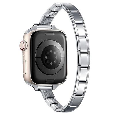 9mm Silvertone Stainless Steel Italian Charm Bracelet Single Band Compatible with Apple Watch Sizes 38mm 40mm 41mm Modular Link Replacement Strap for iWatch Series 9 8 7 6 5 4 3 2 1 SE Ultra
