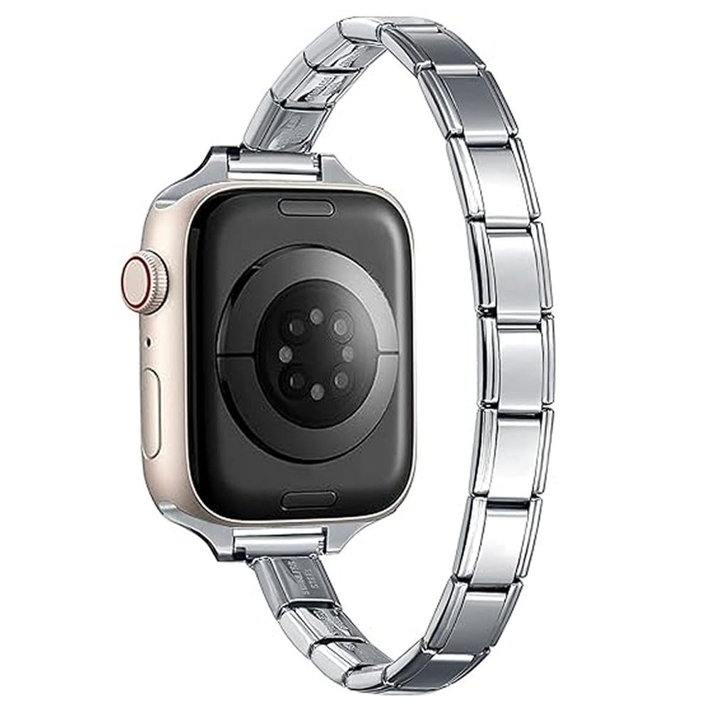 9mm Silvertone Stainless Steel Italian Charm Bracelet Single Band Compatible with Apple Watch Sizes 38mm 40mm 41mm Modular Link Replacement Strap for iWatch Series 9 8 7 6 5 4 3 2 1 SE Ultra