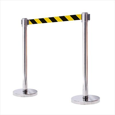 12 in. Flat Base Mirror Post Retractable Belt Stanchion - 6.5 ft. Safety Stripe Belt