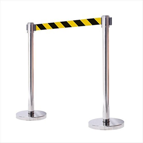 12 in. Flat Base Mirror Post Retractable Belt Stanchion - 6.5 ft. Safety Stripe Belt