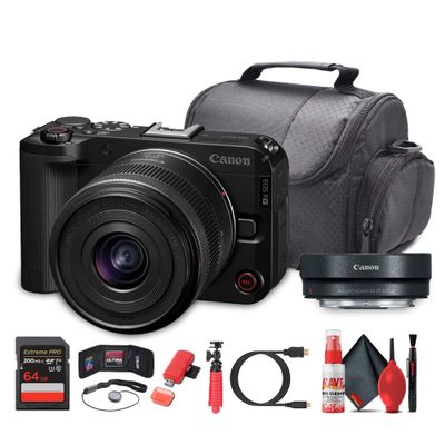 Canon EOS R50 V Camera + 1430mm Power Zoom Lens (6895C012) | 24.2MP APS-C | 4K60p Video | Flip Screen | All-in-One Vlogging for Creators + Adapter EF-EOS R + 64GB Memory Card +More