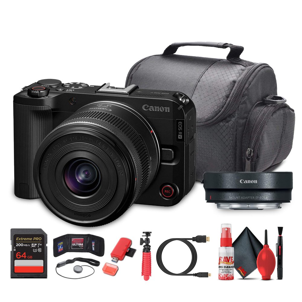 Canon EOS R50 V Camera + 1430mm Power Zoom Lens (6895C012) | 24.2MP APS-C | 4K60p Video | Flip Screen | All-in-One Vlogging for Creators + Adapter EF-EOS R + 64GB Memory Card +More