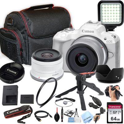 Canon EOS R50 24.2MP APS-C CMOS Sensor Mirrorless Camera with 18-45mm Lens + 64GB Memory, LED Video Light, Case, Gripster Tripod, and More (Essential Bundle) (White) (Renewed)