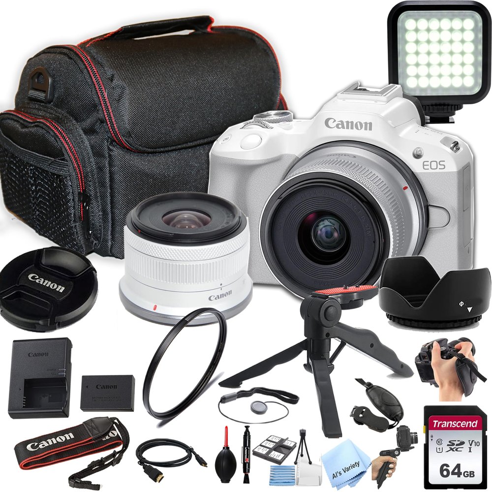 Canon EOS R50 24.2MP APS-C CMOS Sensor Mirrorless Camera with 18-45mm Lens + 64GB Memory, LED Video Light, Case, Gripster Tripod, and More (Essential Bundle) (White) (Renewed)