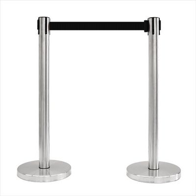 14 in. Flat Base Satin Stainless Post & Cover Retractable Belt Stanchion - 6.5 ft. Black Belt