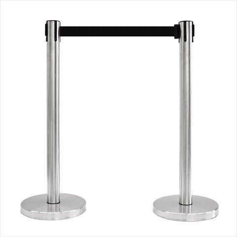 14 in. Flat Base Satin Stainless Post & Cover Retractable Belt Stanchion - 6.5 ft. Black Belt