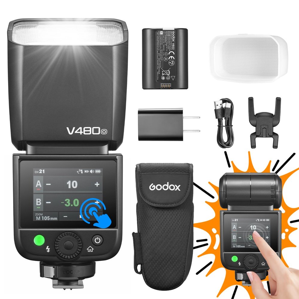 godox V480 O TTL Flash for Olympus Panasonic Camera with Diffuser Touchscreen High-Speed Sync on Camera Flash 7.2V/2200mAh GN50 1/8000s 650 Full-Power Flashes 10-Level Modeling Lamp