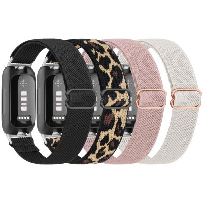 4 Pack Elastic Bands for Fitbit Inspire 3 Bands for Women Men, Soft Adjustable Stretchy Nylon Loop Wristband Sport Replacement Straps for Fitbit Inspire 3 Fitness Tracker (Black+Leopard+Pink+Starlight)