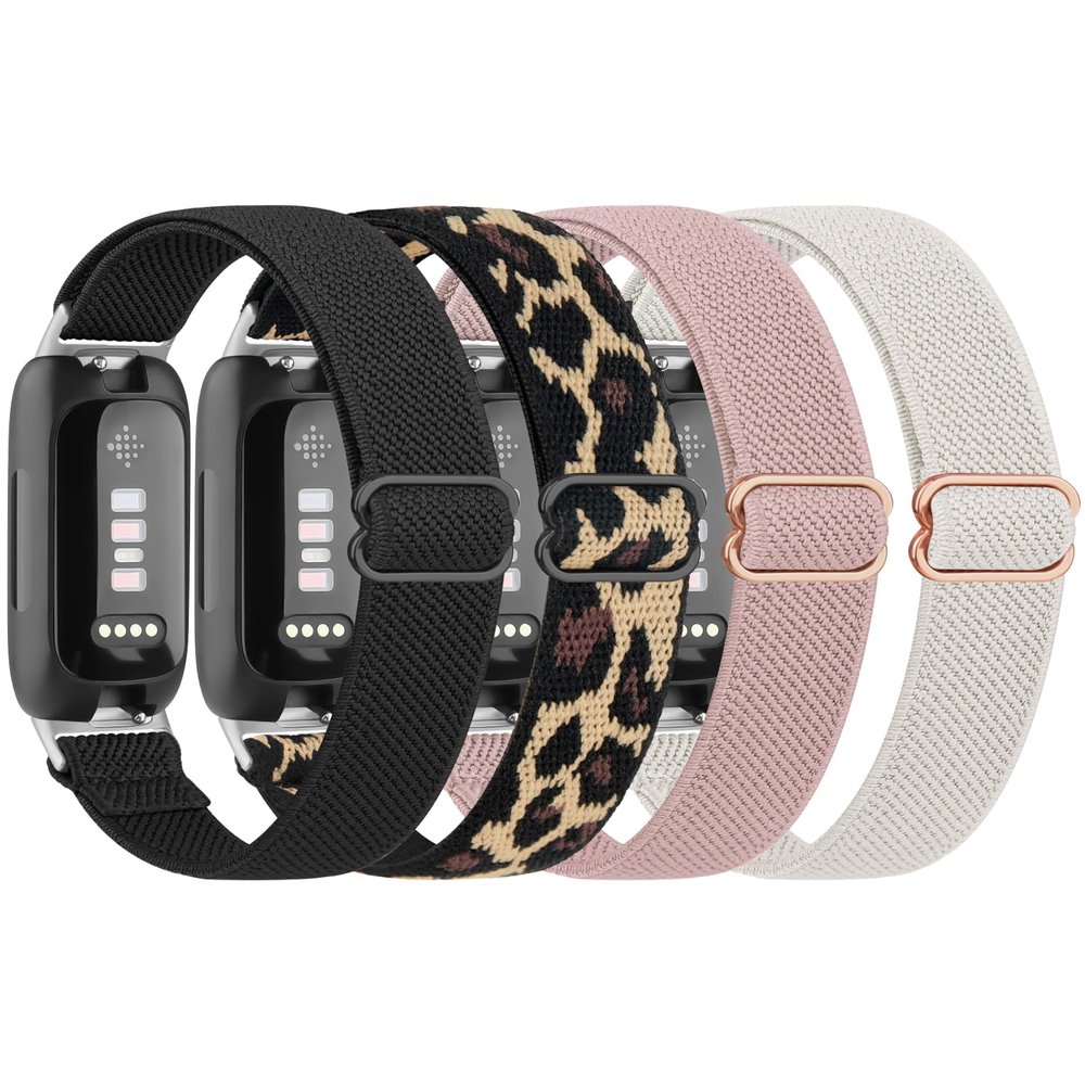 4 Pack Elastic Bands for Fitbit Inspire 3 Bands for Women Men, Soft Adjustable Stretchy Nylon Loop Wristband Sport Replacement Straps for Fitbit Inspire 3 Fitness Tracker (Black+Leopard+Pink+Starlight)