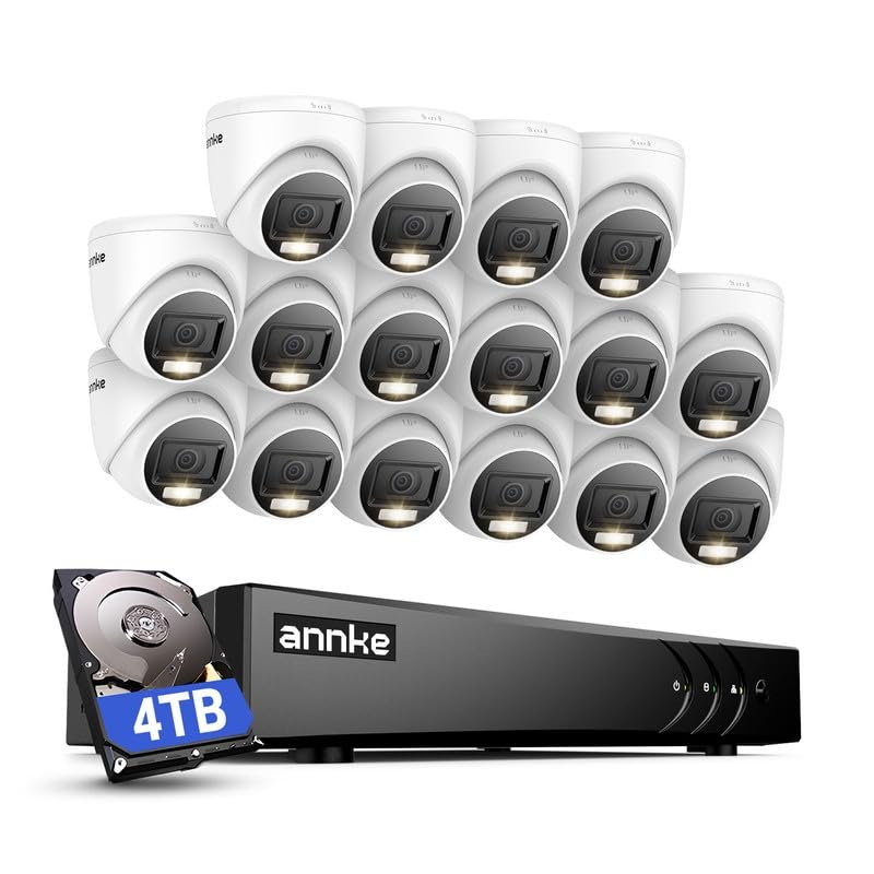 ANNKE 2MP Security Camera System, 16CH 3K Lite DVR Recorder with AI Motion Detection, 16x 1080P (19201080) Add-on Wired Turret White Cams with Smart Dual Light, IP67, 3.6mm Lens, 4TB Hard Drive