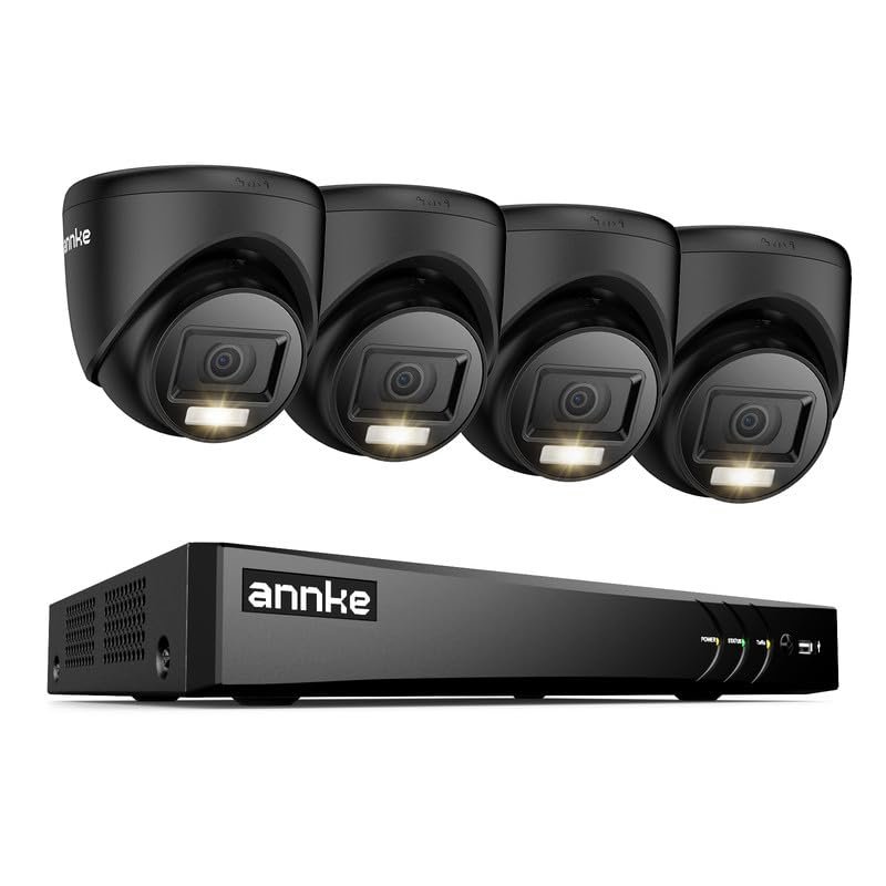 ANNKE 2MP Security Camera System, 8CH 4K DVR Recorder with AI Motion Detection, 4X 1080P (19201080) Add-on Wired Turret Black Cams with Smart Dual Light, IP67, No Hard Drive