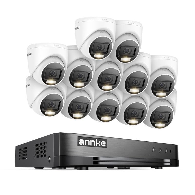 ANNKE 2MP Security Camera System, 16CH 2MP Lite DVR Recorder with AI Motion Detection, 12x 1080P (19201080) Add-on Wired Turret White Cams with Smart Dual Light, IP67, 3.6mm Lens, No Hard Drive