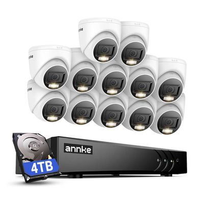 ANNKE 2MP Security Camera System, 16CH 3K Lite DVR Recorder with AI Motion Detection, 12x 1080P (19201080) Add-on Wired Turret White Cams with Smart Dual Light, IP67, 3.6mm Lens, 4TB Hard Drive