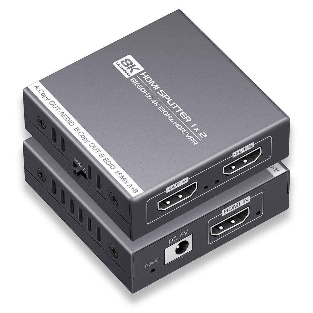 HDMI Splitter 1 in 2 Out 4K 120Hz 8K 60Hz, HDMI 2.1 Splitter Support HDCP 2.3, EDID, VRR, HDR10, Dolby, for PS5/4, Xbox, Fire Stick, Blu-ray Player, Hue Sync Box, etc