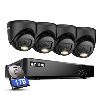 ANNKE 2MP Security Camera System, 8CH 3K Lite DVR Recorder with AI Motion Detection, 4X 1080P (19201080) Add-on Wired Turret Black Cams with Smart Dual Light, IP67, 3.6mm Lens, 1TB Hard Drive Disk