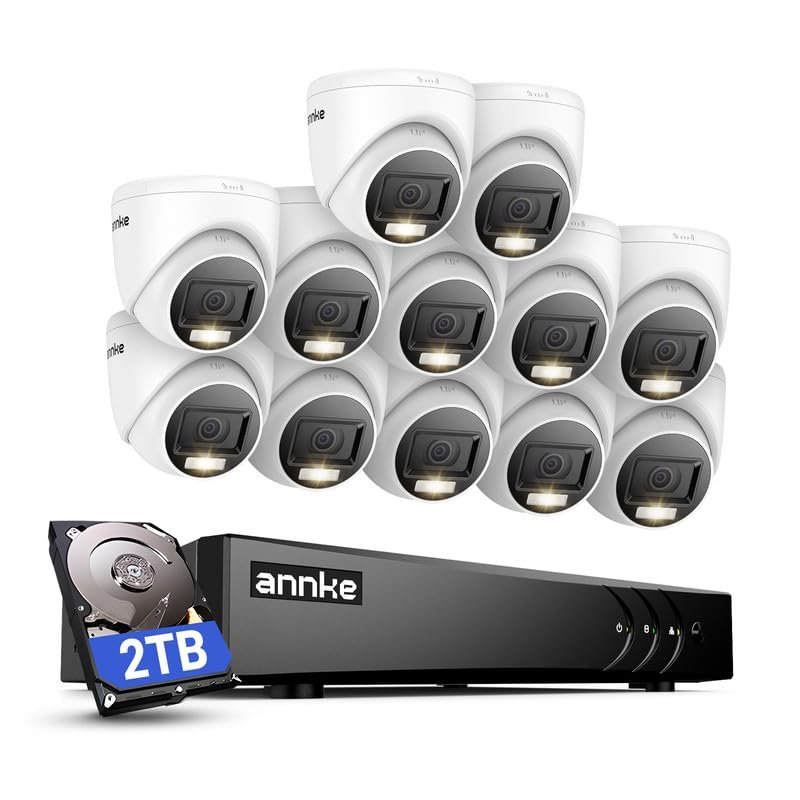 ANNKE 2MP Security Camera System, 16CH 3K Lite DVR Recorder with AI Motion Detection, 12x 1080P (19201080) Add-on Wired Turret White Cams with Smart Dual Light, IP67, 3.6mm Lens, 2TB Hard Drive