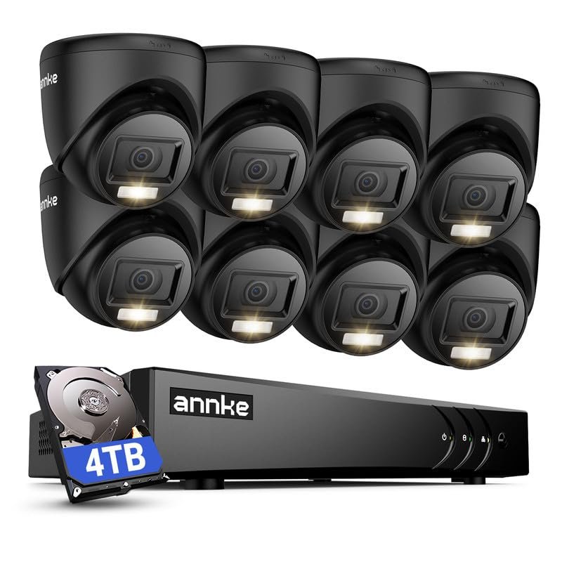 ANNKE 2MP Security Camera System, 8CH 3K Lite DVR Recorder with AI Motion Detection, 8X 1080P (19201080) Add-on Wired Turret Black Cams with Smart Dual Light, IP67, 3.6mm Lens, 4TB Hard Drive Disk
