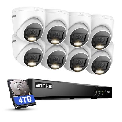 ANNKE 2MP Security Camera System, 8CH 4K DVR Recorder with AI Motion Detection, 8X 1080P (19201080) Add-on Wired Turret White Cams with Smart Dual Light, IP67, Compatible with Alexa, 4TB Hard Drive