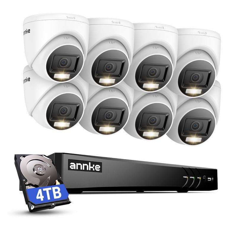 ANNKE 2MP Security Camera System, 8CH 4K DVR Recorder with AI Motion Detection, 8X 1080P (19201080) Add-on Wired Turret White Cams with Smart Dual Light, IP67, Compatible with Alexa, 4TB Hard Drive