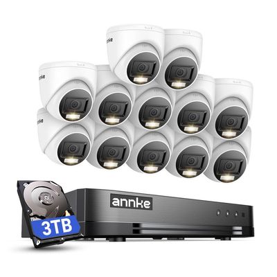 ANNKE 2MP Security Camera System, 16CH 2MP Lite DVR Recorder with AI Motion Detection, 12x 1080P (19201080) Add-on Wired Turret White Cams with Smart Dual Light, IP67, 3.6mm Lens, 3TB Hard Drive