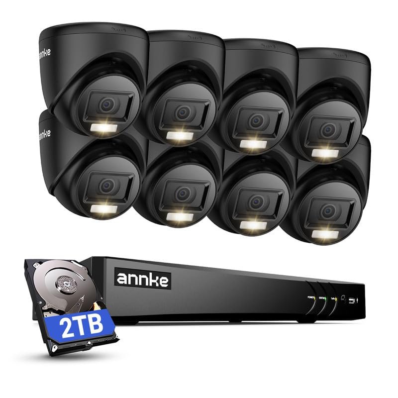 ANNKE 2MP Security Camera System, 8CH 4K DVR Recorder with AI Motion Detection, 8X 1080P (19201080) Add-on Wired Turret Black Cams with Smart Dual Light, IP67, Compatible with Alexa, 2TB Hard Drive