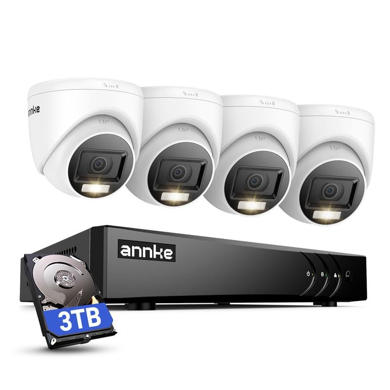 ANNKE 2MP Security Camera System, 8CH 3K Lite DVR Recorder with AI Motion Detection, 4X 1080P (19201080) Add-on Wired Turret White Cams with Smart Dual Light, IP67, 3.6mm Lens, 3TB Hard Drive Disk