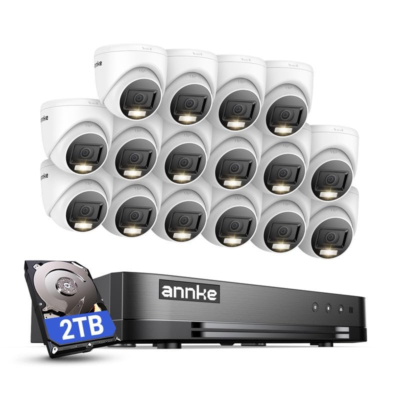ANNKE 2MP Security Camera System, 16CH 2MP Lite DVR Recorder with AI Motion Detection, 16x 1080P (19201080) Add-on Wired Turret White Cams with Smart Dual Light, IP67, 3.6mm Lens, 2TB Hard Drive