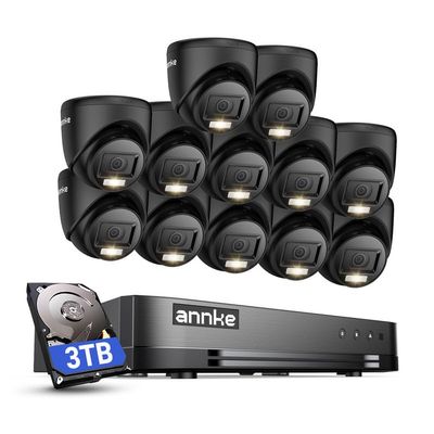 ANNKE 2MP Security Camera System, 16CH 2MP Lite DVR Recorder with AI Motion Detection, 12x 1080P (19201080) Add-on Wired Turret Black Cams with Smart Dual Light, IP67, 3.6mm Lens, 3TB Hard Drive